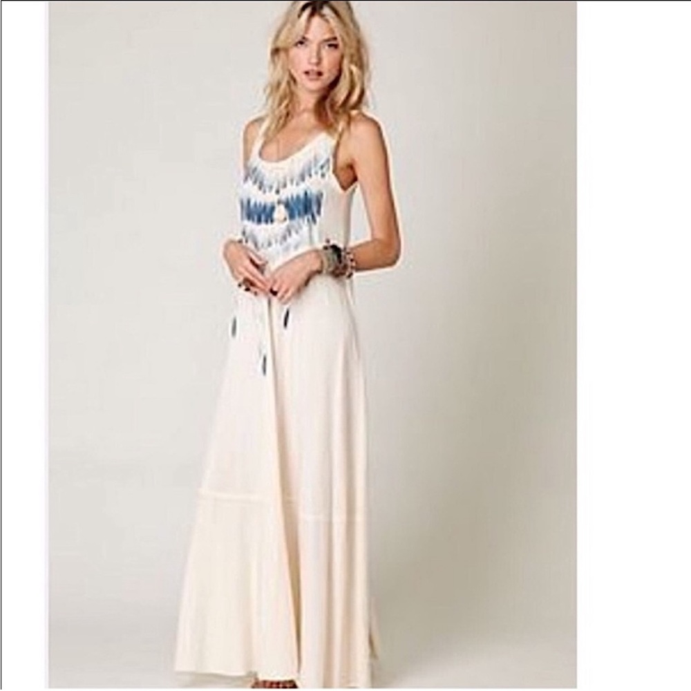 Elegant Cream and Blue Maxi Dress